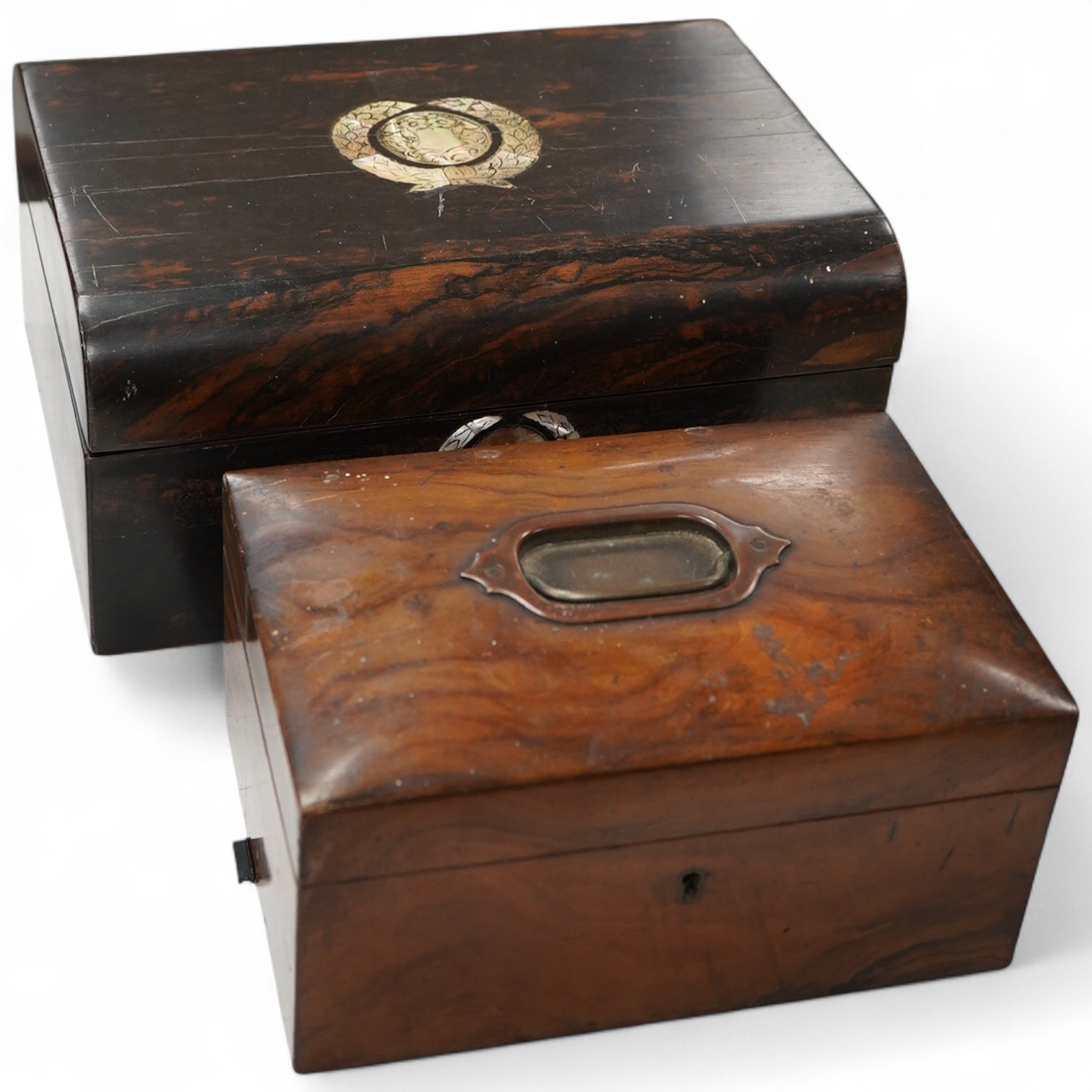 A Victorian coromandel wood, mother of pearl inlay box- 29.5cm wide together with a Victorian olive wood box